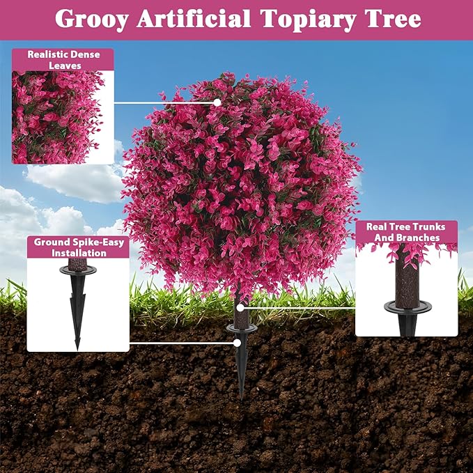 Grooy Artificial Topiary Tree with Pink Eucalyptus, Set of 2 Artificial Shrub Bushes with Ground Spike, Fake Evergreen Tree for Porch, Artificial Plants for Outdoor Planters Indoor UV Resist
