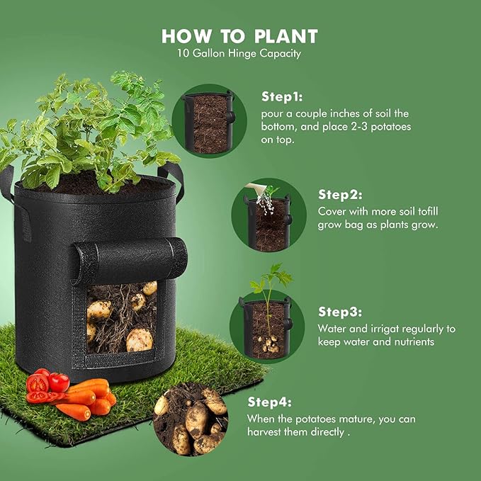 Cavisoo 5-Pack 10 Gallon Potato Grow Bags, Garden Planting Bag with Reinforced Handle, Thickened Nonwoven Fabric Pots for Tomato, Vegetable and Fruits