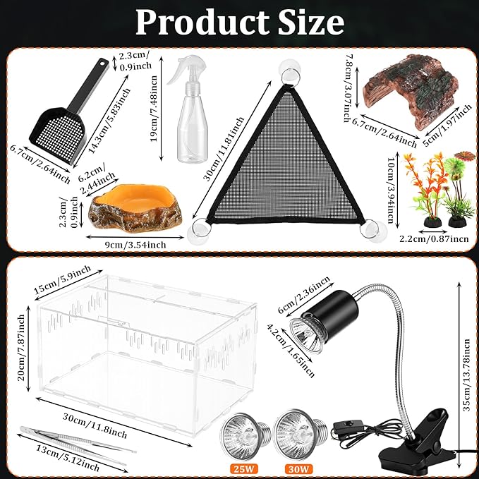 Kathfly 13 Pcs Mini Reptile Terrarium Starter Kits, 12x8x6'' Insect Amphibians Reptile Tank Insect Habitat Cage Acrylic Tank Hidden Shell Heat Lamp Hammock and Other Accessories for Fish Turtle Spider