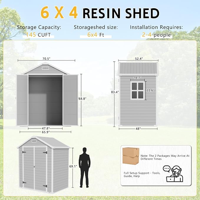 PIPLEO 6x4 FT Resin Outdoor Storage Shed with Floor, Plastic Garden Storage Shed with Lockable Door & Vent, All Weather Versatile Tool Shed for Backyard, Patio, Lawn, Cloud Gray