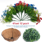 Hananona 2 Set Artificial Outdoor Flowers with Hanging Basket, 2 Hanging Planters with 24 Pcs Patriotic Flowers for Summer Front Porch Patio 4th ofJuly Decor (2, Red, White, Blue)