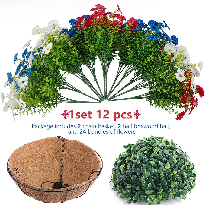 Hananona 2 Set Artificial Outdoor Flowers with Hanging Basket, 2 Hanging Planters with 24 Pcs Patriotic Flowers for Summer Front Porch Patio 4th ofJuly Decor (2, Red, White, Blue)