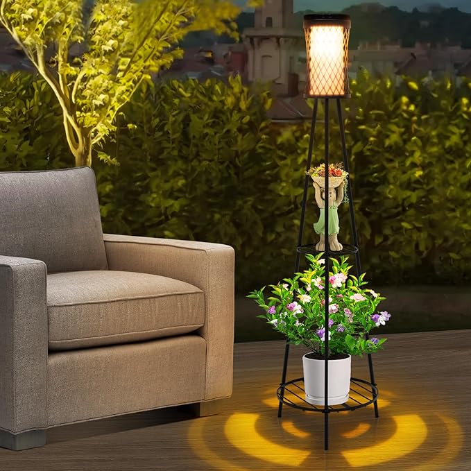 Aialun Solar Floor Lamps Outdoor with USB Charging, 45.67 Inch Tall Double Plant Stand Outside Floor Lamps, Warm & White 3 Modes Standing Decor Lights for Patio, Porch, Deck, Yard, Garden, 1 Pack