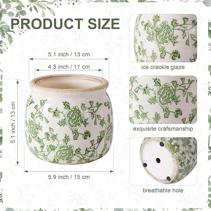 DREAMLOOM Vintage Ceramic Planter for Indoor Plants,6.1" Ice Crack Cottage Scroll Vase Tuscan Decor Flower Pots with Drainage Holes Home Kitchen Farmhouse Antique Decorative Gift (Green-Round)