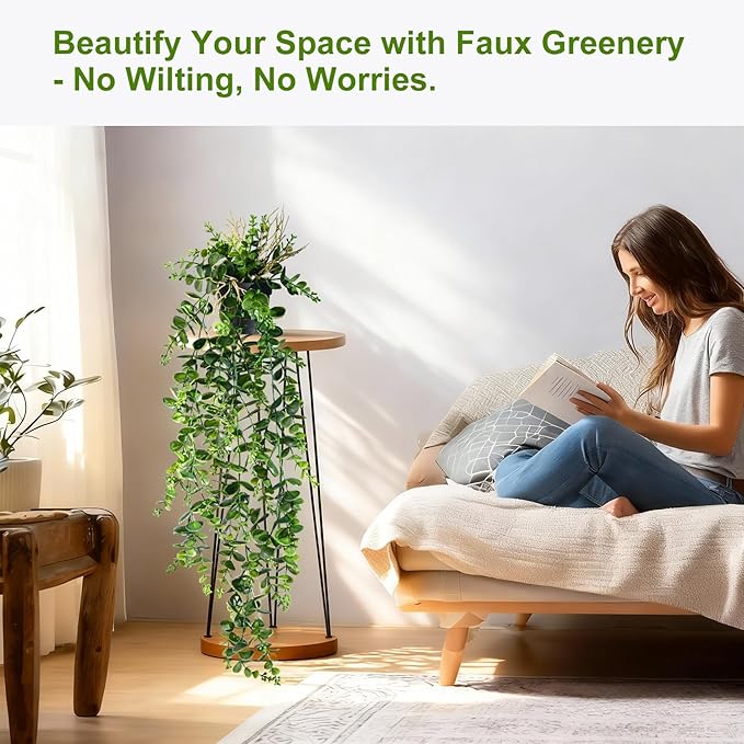 2 Pcs Faux Eucalyptus Vine Ivy Vine Artificial Hanging Plant Faux Plant Fake Potted Greenery for Wall Living Room Home Shelf Office Bathroom Outdoor Indoor Decor (Type 2)