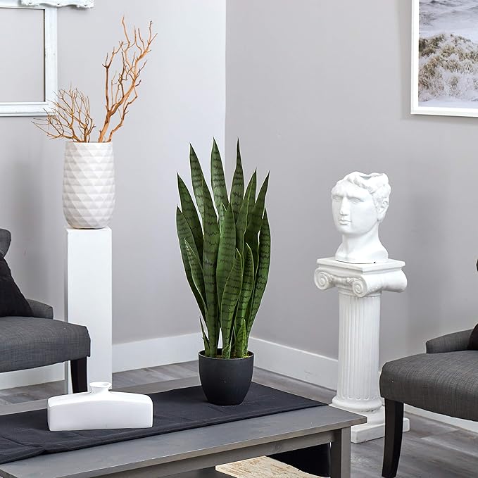 Nearly Natural 35in Artificial Snake Plant, Sansevieria Faux Greenery with Black Planter for Indoor Home Office Decor, Low Maintenance