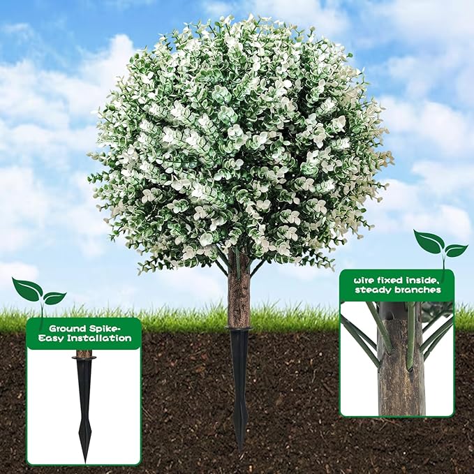 Artificial Boxwood Topiary Ball Trees – 2 Pack 24.5", Faux Plants, Shrubs & Bushes Outdoor with Spike, UV-Resistant Fake Greenery for Planters Porch Garden Home Office – White