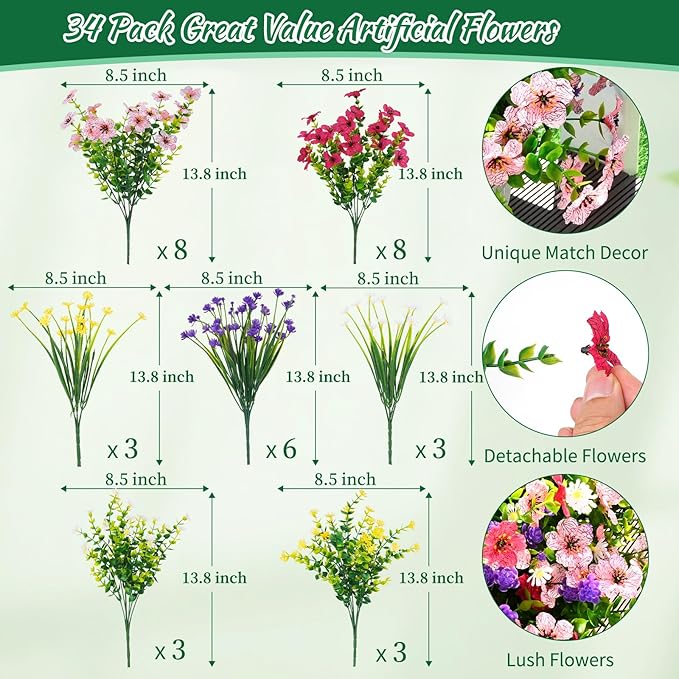 BLEUM CADE 34 Bundles Artificial Flowers for Outdoors, UV Resistant Fake Outdoor Flowers, Realistic Faux Outdoor Flowers for Decoration, Outside Fake Plants for Porch Garden Decor