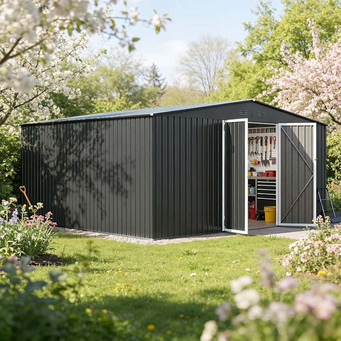 14 x 12FT Sheds & Outdoor Storage, Dark Grey Metal Waterproof Storage Shed with Door and Lock Outdoor Shed,All-Weather Shelter for Bike, Gardening Tools, Lawn Mowers