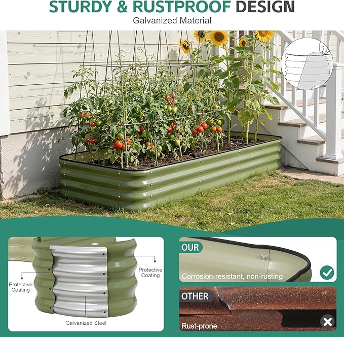 5 in 1Galvanized Raised Garden Bed - 8x3x1ft Modular Garden Planter Bed Outdoor | Steel Raised Bed Kit with Bracing Rods, Gloves for Gardening Vegetables Fruits and Flowers (Green)