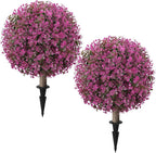 Artificial Eucalyptus Topiary Ball Trees for Outdoor Set of 2 Fake Plant Bushes with Ground Spike UV Resistant Faux Shrubs for Garden Front Porch, Pink