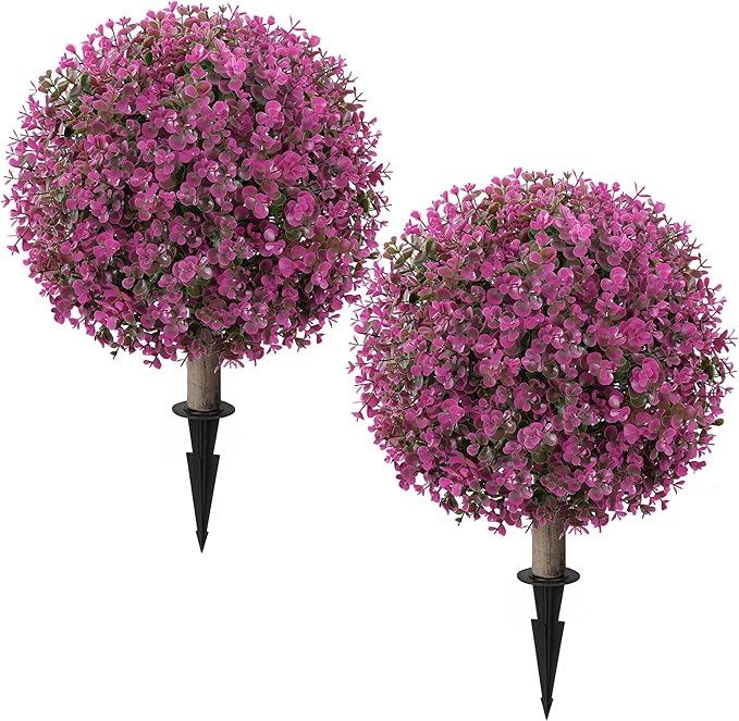 Artificial Eucalyptus Topiary Ball Trees for Outdoor Set of 2 Fake Plant Bushes with Ground Spike UV Resistant Faux Shrubs for Garden Front Porch, Pink