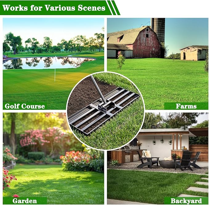Lawn Leveling Rake 30x10 inch, Heavy Duty Ground Leveler for Soil, Sand, Effortless Smooth Use & Easy Assembly Stainless Steel Landscape Rake for Backyard, Garden, Golf Course, Black