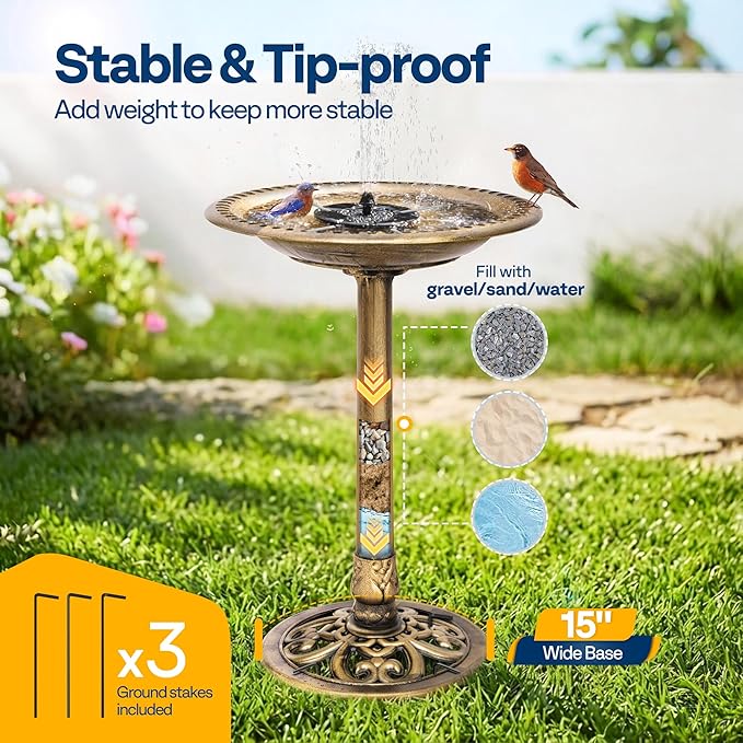 VIVOHOME Bird Bath with Solar Fountain for Outside, Polyresin Pedestal Bird Baths with Solar Powered Pump for Outdoor, Garden, Weather-Resistant Birdbaths with 20" Bowl, Golden