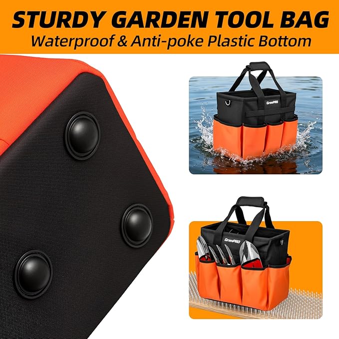 GRENPRO Garden Tool Bag Organizer, Heavy Duty Gardening Tote Toolbox with 10 Pockets, Adjustable Shoulder Strap, Standable & Foldable for Tool Storage, Home Garden Kit, Orange (Tools Not Included)
