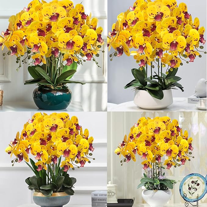 FagusHome 32 Inch Artificial Phalaenopsis Flowers 6 Pcs Artificial Orchid Flowers Stem Plants for Home Décor (Yellow Piebald)