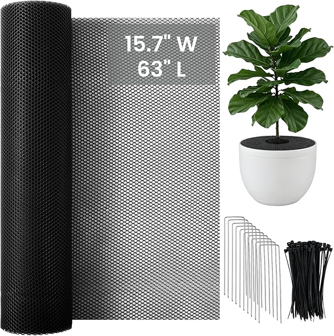 Cuttable Plant Pot Grid,15.7" W x 63" L Plant Pot Soil Covers Protectors from Animals,Black Cat Proof Houseplant Protector with Cable Ties & Ground Spikes,Fits All Pot Shapes