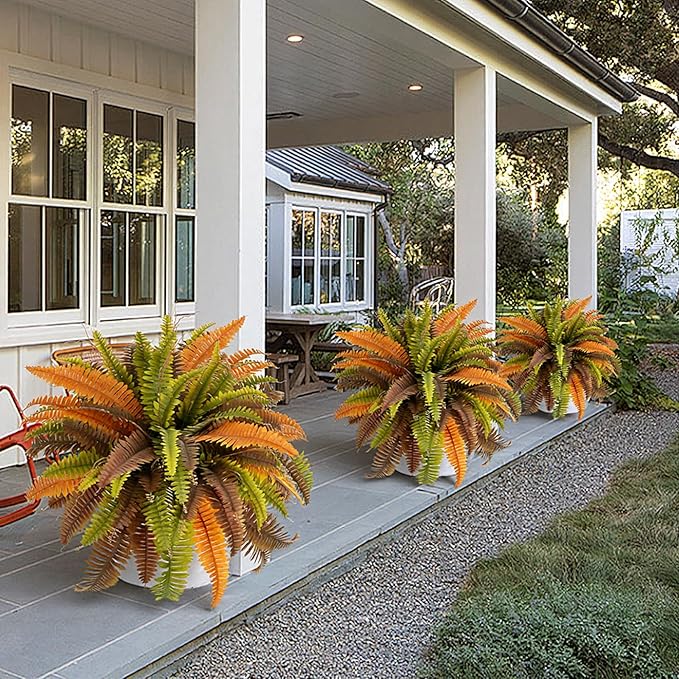42” Artificial Boston Fern Bush Plant, 2 Faux Ferns for Outdoors Large, Fake Ferns Realistic Artificial Plants with 65 Fronds for Garden Porch Patio Home Office Living Room Decor Yellow