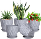 Meowell 7 inch Plant Pots for Indoor Outdoor Plants, 5 Pack Thick Flower Pots with Drainage Holes and Saucers, 3D Modern Wave Texture Plastic Planter Nursery Pots, Speckled Grey