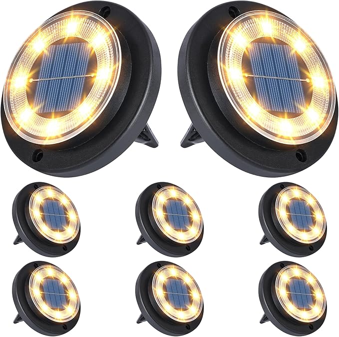 Flacchi Solar Lights Outdoor Waterproof - 2-in-1 Solar Powered Ground Lights Outdoor Solar Disk Light Landscape Light for Deck Step Patio Yard Pathway Walkway Driveway Garden (Warm White, 8 Pack)