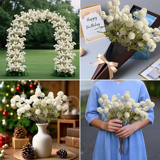 Artificial Flowers 10 Pcs Faux Silk Pompon Mum, Bulk Fake Flowers Mini Chrysanthemums with Stems for DIY Bouquet Centerpieces Wedding Fillers Champagne Arrangements Room Decor, White