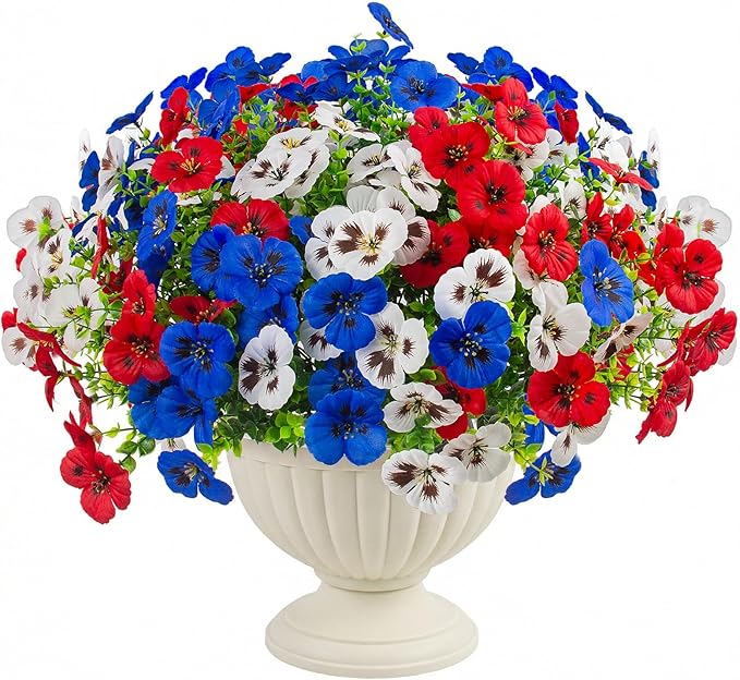 36 Pcs Artificial Fake Pansy Flowers for Outdoor, UV Resistant Faux Silk Pansies Patriotic Flowers for Outside for Planter Front Door Porch Patio Window 4th of July Home Decor(36, Red, White, Blue)