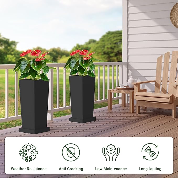 Metal Tall Planters 24 inch Set of 2, Durable Taper Planter with Drainage Holes & Rust-Proof Coating & Trays for Outdoor Indoor Garden Patio Front Door