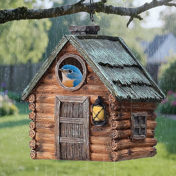 Bird Houses for Outside Real Wood-Look Resin Bird House with Hanging Chain – Waterproof & Durable Forest Birdhouses for Outdoors for Bluebird Finches Cardinals Bird Nesting Garden, Patio, Yard