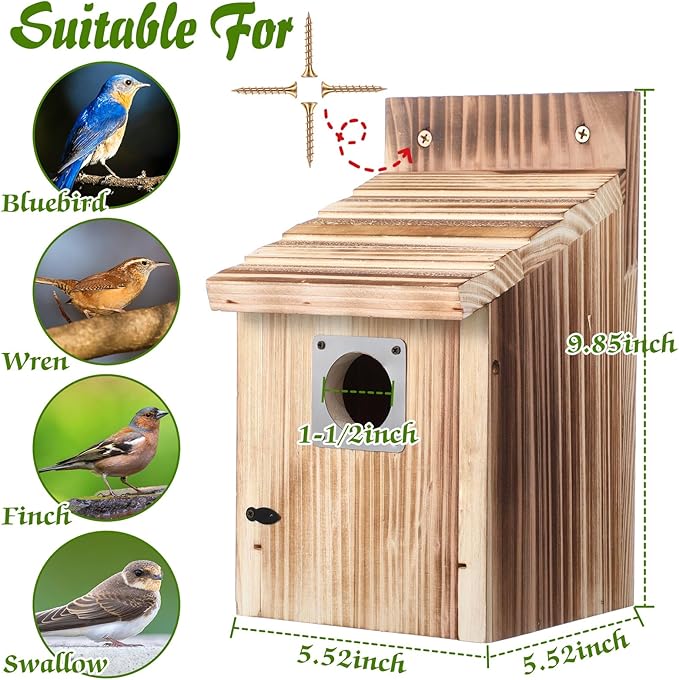 Dreyoo Cedar Bluebird Houses for Outside, 1-1/2” Entrance Hole Wooden Bird Houses with Metal Predator Guard, Secure Latch, Fledgling Grooves, Air Vents(Dark Wood)