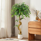 4ft Large Ficus Artificial Trees in White Pot, 48" Tall Fake Silk Tree with Natural Curved Trunk, Lush Faux Ficus Tree for Indoor Home Decor, Living Room, Office & Patio
