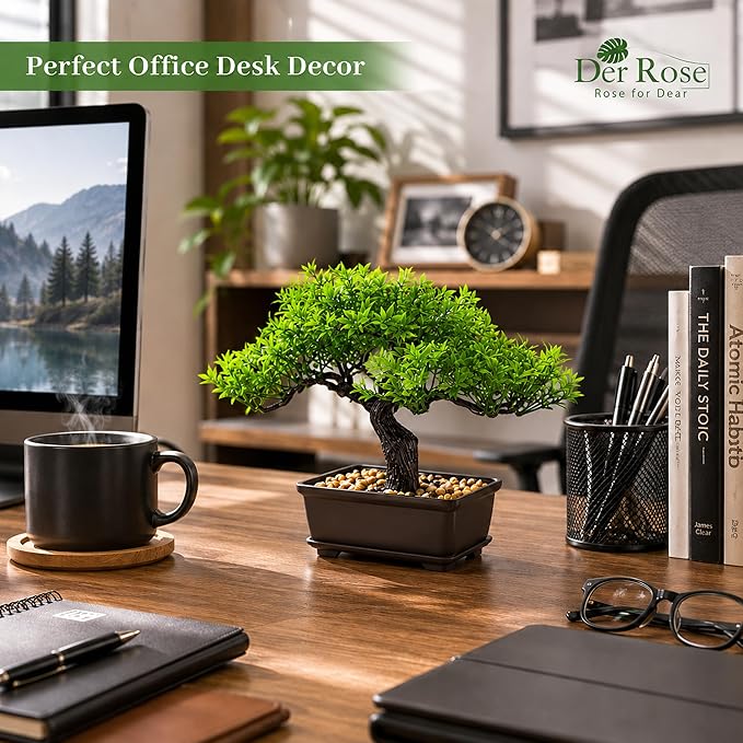 Der Rose 8 Inch Artificial Bonsai Tree Small Fake Plants Decor for Bathroom Office Desk Table Shelf Japanese Zen Ficus Decor Indoor