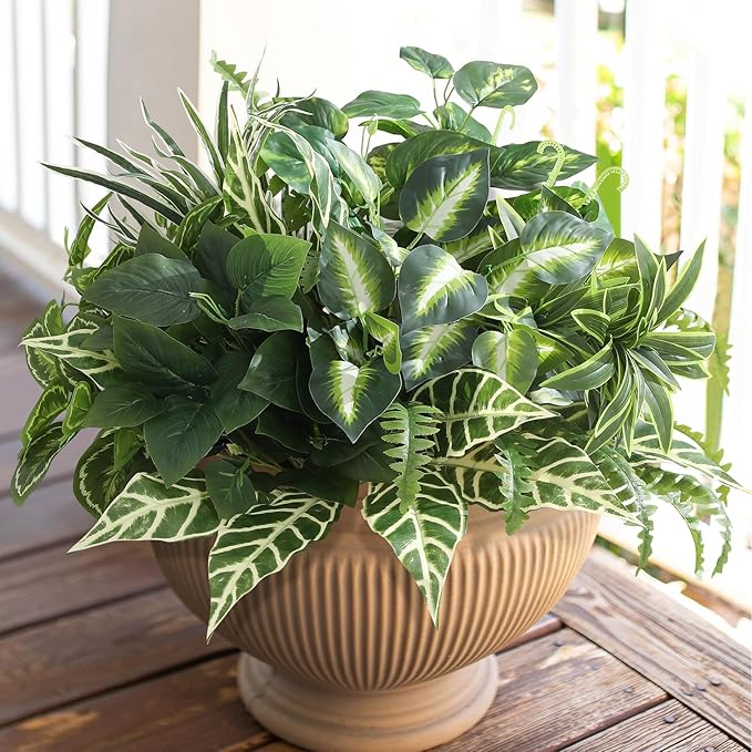 Artificial Greenery Plants, Large Bunches Outside Faux Plants for Outdoor Decor - UV Resistant Fake Plant for Planters, Realistic Fake Greenery Bushes for Garden Patio Front Porch Yard Decor