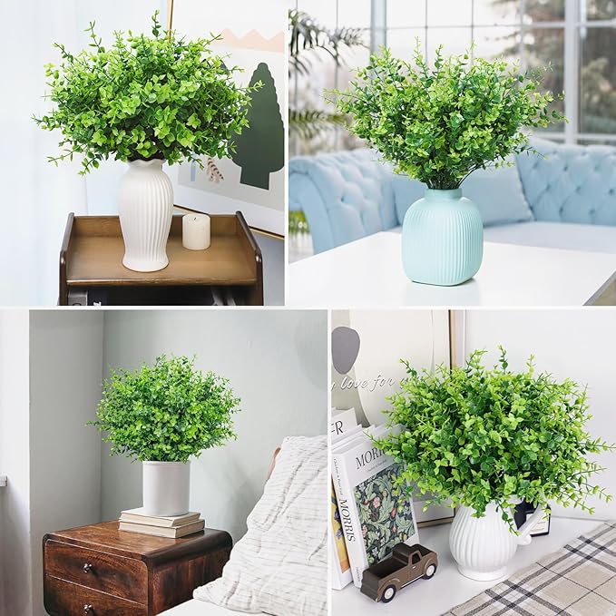 12 Bundles Greenery Artificial Plants Outdoors, Eucalyptus Stems UV Resistant Fake Foliage Plants Faux Boxwood Shrubs Indoor Decorations Artificial Flowers for Garden Pot Porch Fence Hanging Planter