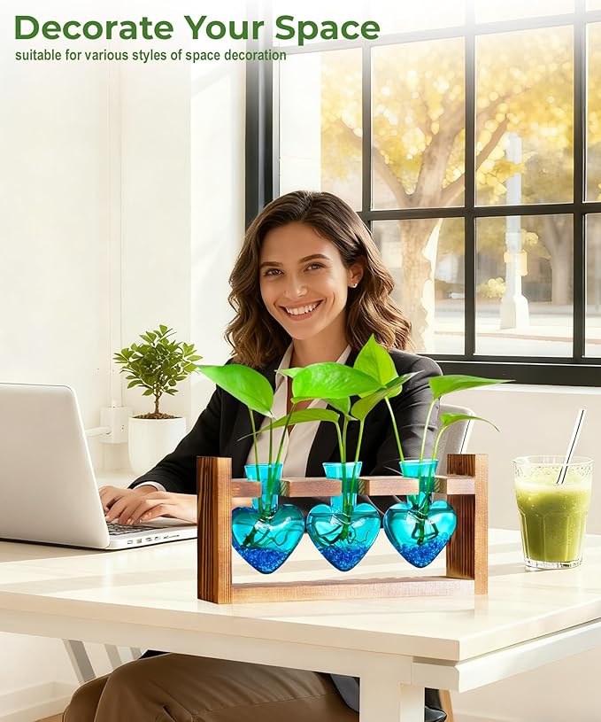 Nacome Plant Terrarium Propagation Stations: Mothers Day Gifts for Mom Plant Lovers Women Wife Daughter - 3 Bulb Glass Vases with Wooden Stand Tabletop for Hydroponics Home Garden Decor