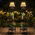 2 Pack Solar Floor Lamps Outdoor with 2-Tier Plant Stand, Metal Tall Planter Holder with Waterproof LED Lantern, Decorative Patio Light & Flower Pot Display Rack for Garden, Deck, Porch, Balcony