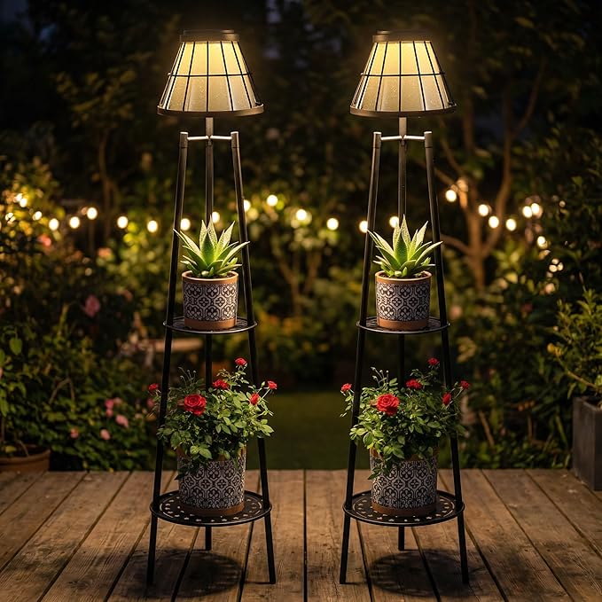 2 Pack Solar Lights with Plant Stands, 45.4'' Waterproof Outdoor Metal Solar Floor Lamps for Patio Deck Yard Pathway Porch Garden