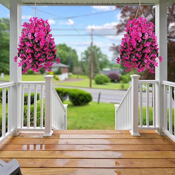 Sggvecsy Artificial Fake Hanging Flowers Plants for Outdoor Outside Spring Summer Decoration 4PCS Faux Silk UV Resistant Realistic Morning Glory Trailing Vines for Home Porch Patio Balcony(Purple red)