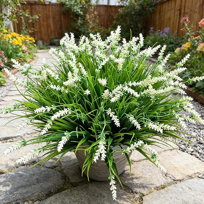 Yimingjin 12 Bundles Artificial Grass Fake Plants，Outdoor Fake Monkey Tail Grass with Flowers for Pot UV Resistant Lavender Patio Garden Porch Home Window Hanging Planter Decor Faux Shrubs(White)