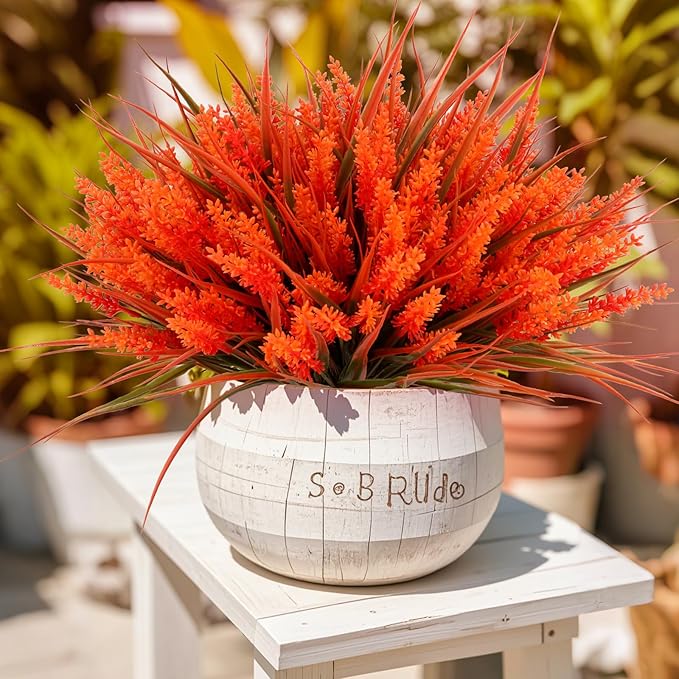 Geegoods 24 Bundles Artificial Fall Flowers Outdoor – Faux Lavender Flowers with Monkey Grass UV Resistant Plastic Faux Plants for Garden Porch Patio Home Decor, Autumn-red Color (Pack of 2)