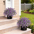 Artificial Morning Glory & Eucalyptus Topiary Trees - Set of 2 Faux Silk Flower Potted Plants, UV-Resistant Fake Outdoor Morning Glory Bushes for Front Door, Yard, Farmhouse, Garden Decor (Purple)