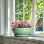 SQOWL Succulent Planter 12 Inch - Ceramic Bonsai Pots with Drainage Hole and Saucer, Large Shallow Planter, Bowl Round Planter for Indoor Outdoor Plants Flower, Room Decor, Birthday Gifts, Green