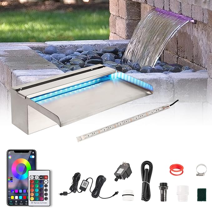 PONDO Pool Waterfall 12" APP with 16 Colors LED Lights, Stainless Steel Pond Fountain Set for Outdoor Decorations, Patio Waterfall Spillway Kit on The Wall for Garden, Easy Installation