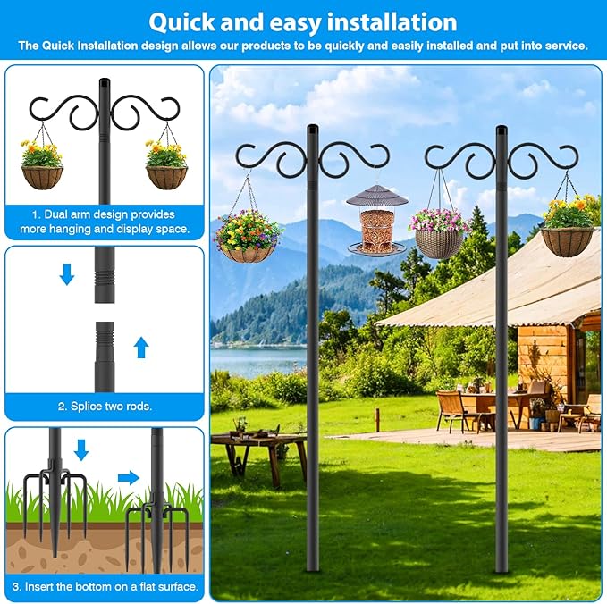 NUERPO Adjustable Shepherd Hooks for Outdoor,3 Pack 90 Inch 5 Prong Base Bird Two Sided Feeder Poles,Heavy Duty Shepherds Hook,Suitable for Garden in Hanging Flower Basket,Lantern,Bird Nests
