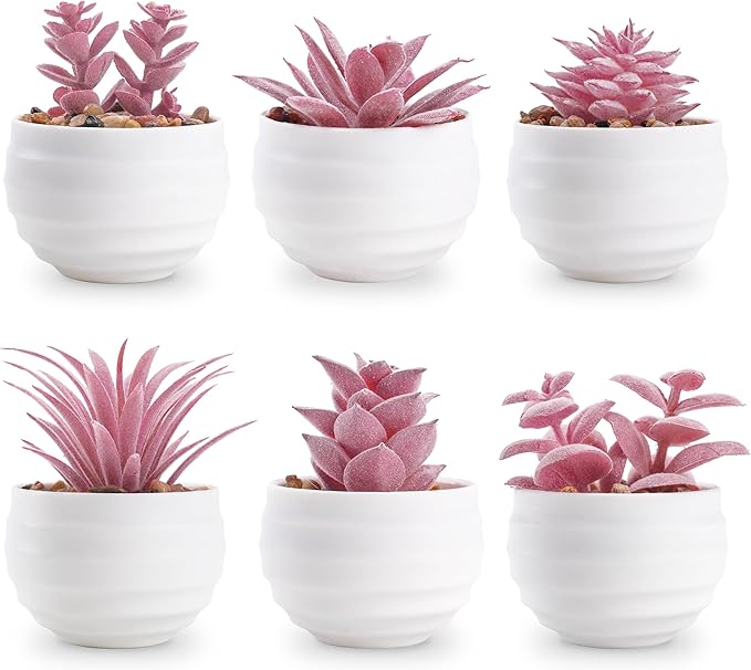 Der Rose Set of 6 Pink Succulents Plants Artificial in Pots Small Fake Plants for Girls Pink Room Decor Office Desk Accessories for Women