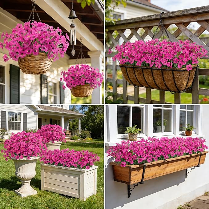 Roberly 24 Bundles Artificial Flowers for Outdoors UV Resistant Silk Fake Flowers Faux Plastic Plants for Porch Garden Window Box Indoor Outdoor Spring Summer Home Farmhouse Decor, Fuchsia