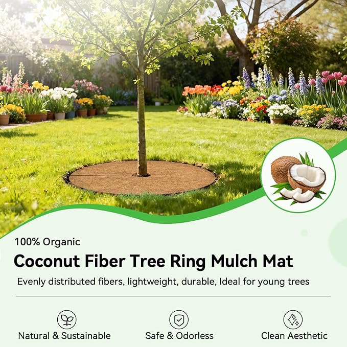 ZeeDix 6 Pack Coconut Fiber Mulch Ring, 18 Inch Coco Coir Tree Ring Mulch Mat, 100% Natural Tree Protector Mat Plant Cover Ring Coconut Coir Discs Tree Mats Mulch Rings for Indoor Outdoor Trees Plants