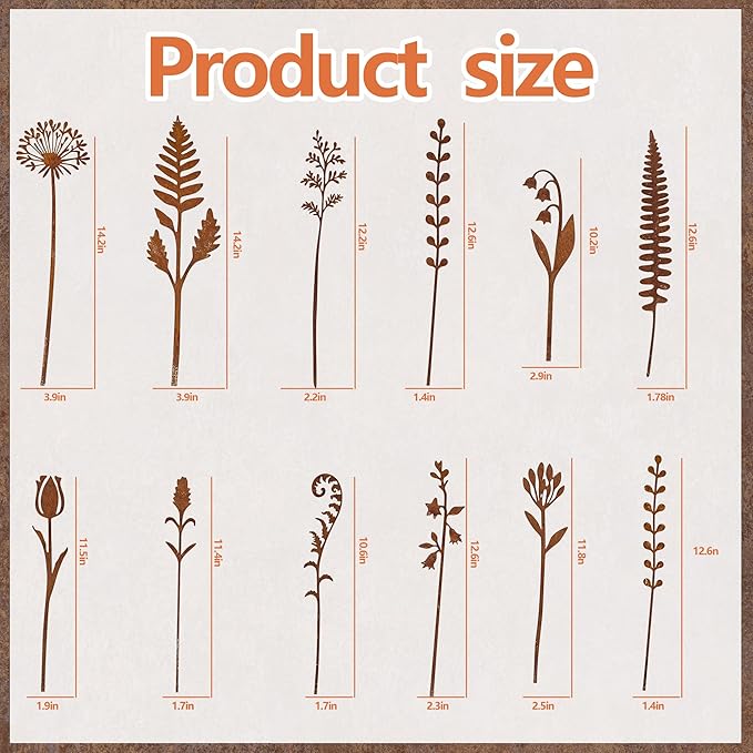 12 Pieces Rustic Metal Flowers and Plants Garden Stakes Rusty Plant Shaped Decoration Fern Leaf Decor for Flower Arrangements Potted Plants Patio Lawn Yard Walkway and Outdoor Courtyard Decoration