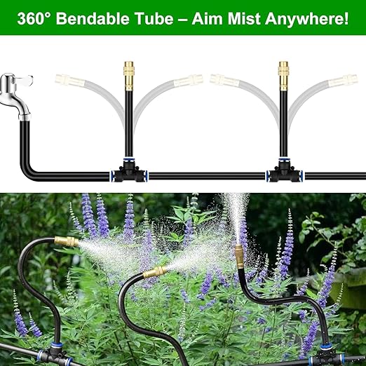 120FT Drip Irrigation System for Garden – Automatic Watering Kit with Solid Brass Metal Connectors, 360° Bendable Tubing &40 Adjustable Nozzles for Greenhouse, Lawn, Yard & Plants