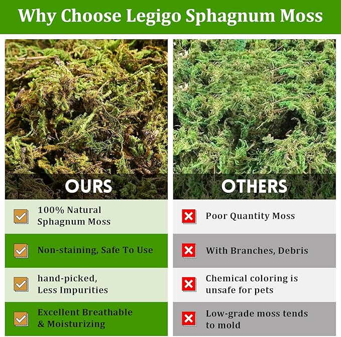 Legigo 2.6LB Sphagnum Moss for Reptile- 48QT Natural Reptile Moss Terrarium Moss Substrate, Snake Tank Moss Peat Moss Reptile Bedding for Snake, Gecko, Ball Python, Frog and Orchids Plants