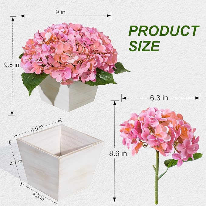 Artificial Hydrangea Flowers Arrangement in Wood Planter, 4PCS Fake Pink Flowers in Wooden Vase Potted Floral Centerpieces for Tables Living Room Home Office Room Shelf Kitchen Decor